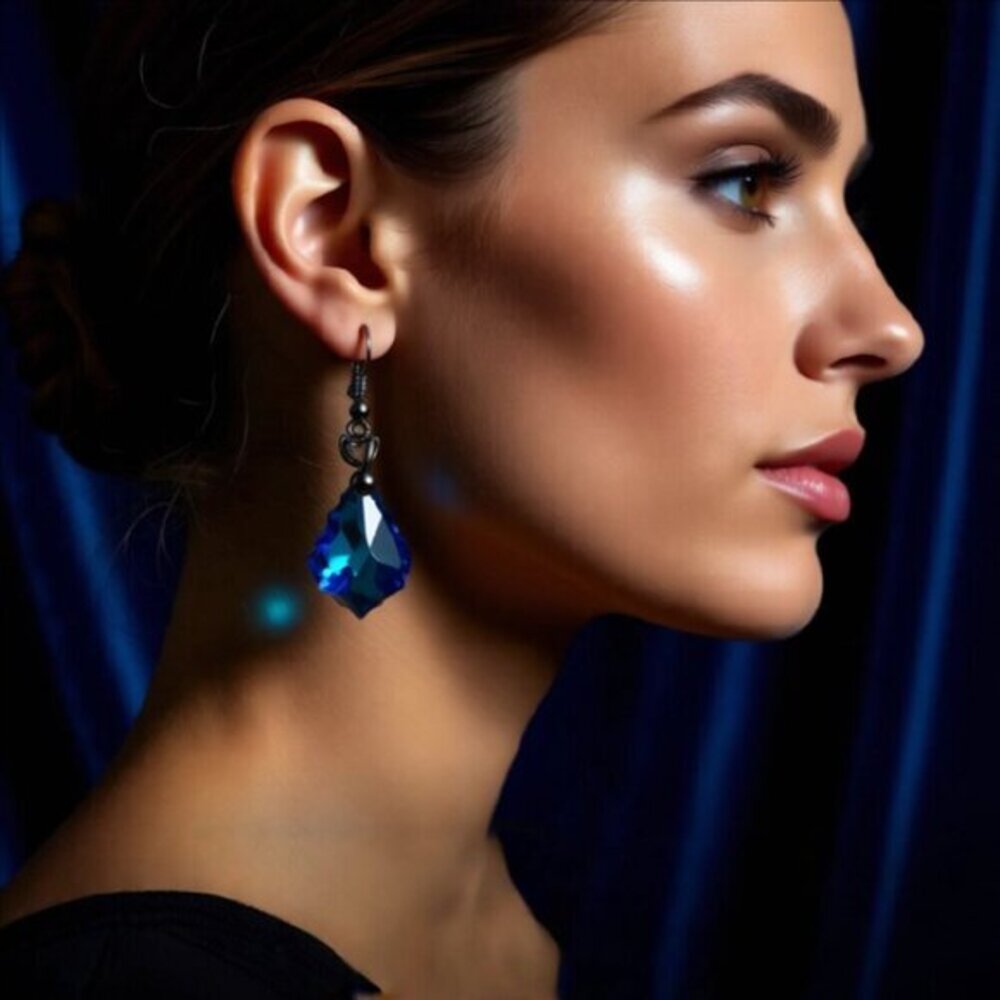 Fancy Cut Glass Drop Earrings - Blue & GunMetal Black! Edgy + Sexy Chandeliers - Picture 2 of 8